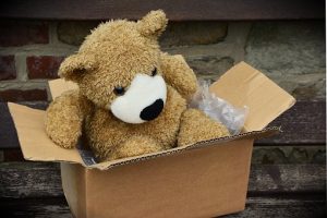 a teddy bear in a box