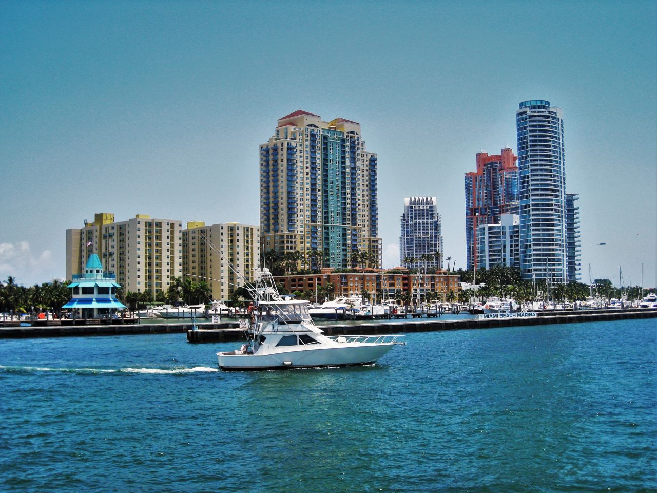 A view of the Miami skyline from the river during the day.