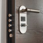 A modern door with multiple locks, as per home safety tips.