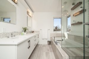 rectangular white wooden bathroom cabinet with sink