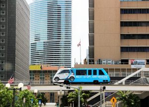 a blue metromover in Miami